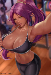 Rule 34 | 1futa, arm up, armpits, artist name, bare shoulders, black pants, black sports bra, bleach, blurry, blurry background, breasts, bulge, clothes grab, collarbone, cowboy shot, dark-skinned female, dark nipples, dark skin, exlic, flashing, foreshortening, futanari, grabbing, gym, halterneck, high ponytail, highres, huge breasts, indoors, lips, long hair, looking at viewer, navel, nipples, outstretched arm, pants, parted lips, ponytail, purple hair, seductive smile, shihouin yoruichi, smile, solo, sports bra, sportswear, stomach, toned, very long hair, weights, yellow eyes, yoga pants