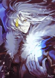 Rule 34 | 1boy, armor, artist name, blue fire, closed mouth, commentary, dark, embers, emperor (sennen sensou aigis), fire, flaming eye, floating hair, fur trim, gloves, hair between eyes, hi-na1, long hair, looking at viewer, male focus, over shoulder, sennen sensou aigis, solo, upper body, v-shaped eyebrows, weapon, weapon over shoulder, white hair, yellow eyes, yellow fire