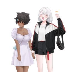 Rule 34 | 2girls, albino, bag, black hair, breasts, choker, cleavage, contrast, couple, dark-skinned female, dark skin, dress, embarrassed, fish hair ornament, hair ears, hair ornament, height difference, highres, holding hands, interracial, jacket, large breasts, micchan (ohisashiburi), multiple girls, nacchan (ohisashiburi), ohisashiburi, open mouth, original, pink eyes, red eyes, short hair, shorts, simple background, smile, tomboy, white background, white hair, yuri