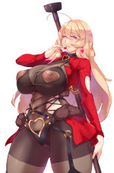 Rule 34 | 1girl, ahoge, anti-materiel rifle, blonde hair, blush, bolt action, breasts, breasts out, censored, condom, covered navel, curvy, earrings, girls&#039; frontline, gun, highres, huge breasts, jewelry, long hair, looking at viewer, mole, mole under eye, mosaic censoring, nipples, official alternate costume, ptrd-41, ptrd (girls&#039; frontline), ptrd (romantic mission) (girls&#039; frontline), purple eyes, pussy, revealing clothes, rifle, sniper rifle, solo, standing, thick thighs, thighs, weapon, wide hips, yui.h
