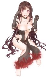 Rule 34 | 1girl, absurdres, akicho, bare shoulders, black choker, black dress, blush, breasts, brown hair, center opening, choker, collarbone, covered erect nipples, dress, ear piercing, earrings, elbow gloves, fate/grand order, fate (series), feet, full body, gloves, hand in own hair, highres, jewelry, legs, long hair, looking at viewer, medium breasts, multiple earrings, navel, open mouth, piercing, red eyes, revealing clothes, see-through, sitting, smile, solo, strapless, strapless dress, thighs, very long hair, yu mei-ren (fate)