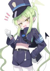 Rule 34 | 1girl, :d, absurdres, armband, bag, belt, blue archive, blue armband, blue shorts, character request, demon tail, earrings, fang, gloves, green eyes, green hair, green halo, halo, hand up, hat, high (hgih), highres, holding, holding tablet pc, jewelry, long hair, long sleeves, looking at viewer, midriff, navel, notice lines, open mouth, pantyhose, peaked cap, pointy ears, shorts, shoulder bag, sidelocks, simple background, skin fang, smile, solo, tablet pc, tail, twintails, white background, white gloves, white pantyhose