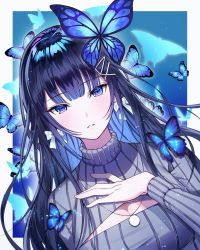 Rule 34 | 1girl, aoi nabi, black hair, blue butterfly, blue eyes, bow, bow earrings, bug, butterfly, cleavage cutout, clothing cutout, earrings, ggatip, grey sweater, hand on own chest, highres, indie virtual youtuber, insect, jewelry, long hair, parted lips, solo, sweater, turtleneck, upper body, virtual youtuber