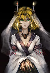 Rule 34 | 1girl, black background, bleeding, blonde hair, blood, blood on hands, breasts, candle, cleavage, collarbone, commentary request, dark, eyelashes, fire, green eyes, green nails, hair between eyes, half-closed eyes, hashihime, highres, injury, japanese clothes, jewelry, kimono, kyogoku-uru, long eyelashes, long sleeves, looking down, mizuhashi parsee, mouth hold, nail, nail polish, necklace, right-over-left kimono, ritual, short hair, small breasts, solo, straight-on, touhou, veil, voodoo, white kimono, wide sleeves