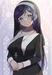 Rule 34 | 1girl, absurdres, alternate hairstyle, blue dress, blush, breasts, capelet, commentary request, cowboy shot, cross, crucifix, dress, grin, habit, heart, highres, kazepana, large breasts, long hair, long sleeves, looking at viewer, love live!, love live! school idol project, nun, parted bangs, pencil dress, purple hair, sleeve cuffs, smile, solo, spoken heart, stained glass, swept bangs, taut clothes, taut dress, tojo nozomi, traditional nun, veil, white capelet