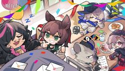 Rule 34 | 2boys, 3girls, animal ears, anniversary, arknights, bird girl, biscuit (bread), black eyes, catapult (arknights), chibi, chinese commentary, closed eyes, commentary request, copyright name, doughnut, drawing on another&#039;s face, envelope, food, furry, furry male, green eyes, hair ornament, highres, holding, holding marker, holding paper, horse ears, horse girl, hyena boy, hyena ears, infection monitor (arknights), logo, marker, midnight (arknights), multicolored hair, multiple boys, multiple girls, official art, orchid (arknights), paper, pointy ears, popukar (arknights), rabbit girl, rabbit hair ornament, red eyes, scribble, sleeping, south ac, spot (arknights), streaked hair, sweatdrop, uno (game), vampire, yellow eyes, zzz