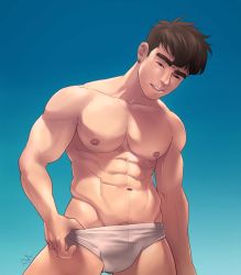 Rule 34 | 1boy, abs, artist name, bara, black hair, blue background, briefs, dr.shin nerdyart, earrings, highres, jewelry, large pectorals, looking at viewer, male focus, male pubic hair, male underwear, male underwear pull, muscular, muscular male, navel, nerdyart1, nipples, open mouth, original, pectorals, pubic hair, pulling own clothes, short hair, solo, teeth, thick eyebrows, thick thighs, thighs, underwear, upper teeth only, white male underwear
