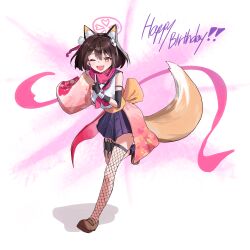 Rule 34 | 1girl, absurdres, animal ear fluff, animal ears, bandaged arm, bandages, black gloves, blue archive, breasts, brown footwear, brown hair, detached sleeves, eyeshadow, fang, fishnet pantyhose, fishnets, fox ears, fox girl, fox tail, full body, gloves, hadanugi dousa, hair ornament, halo, hand up, happy birthday, highres, holster, izuna (blue archive), japanese clothes, kimono, knife, kuji-in, loafers, looking at viewer, makeup, neckerchief, nonoa, one eye closed, open clothes, open kimono, open mouth, pantyhose, partially fingerless gloves, pink kimono, pink neckerchief, purple skirt, running, scarf, shirt, shoes, short hair, single sock, single thighhigh, skin fang, skirt, sleeveless, sleeveless shirt, small breasts, smile, socks, solo, tail, thigh holster, thighhighs, throwing knife, weapon, white shirt, yellow eyes