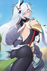 Rule 34 | 1girl, 1other, ass, ass focus, blurry, blurry background, bodysuit, braid, breasts, clenched teeth, from behind, genshin impact, hair ornament, hair over one eye, highres, hip vent, kanchou, large breasts, long hair, low-braided long hair, low-tied long hair, monster, nanquan zhanglang, parted lips, rolling eyes, ryona, shenhe (genshin impact), sideboob, single braid, skin tight, sweat, teeth, translation request, trembling, very long hair, white hair