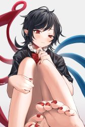Rule 34 | 1girl, ahoge, asymmetrical wings, barefoot, black dress, black hair, blue wings, blush, bow, bowtie, breasts, dress, feet, fingernails, foot focus, hair between eyes, highres, houjuu nue, makita (vector1525), nail polish, pointy ears, red bow, red bowtie, red eyes, red nails, red wings, short hair, short sleeves, simple background, solo, toenail polish, toenails, touhou, white background, wings