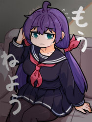 1girl ahoge arm_behind_head arm_up black_pantyhose black_sailor_collar black_serafuku black_shirt black_skirt blue_eyes blush closed_mouth collarbone commentary_request couch feet_out_of_frame flying_sweatdrops hair_between_eyes hair_ribbon highres long_sleeves looking_at_viewer low_twintails morikawagon neckerchief on_couch original pantyhose pillow pink_neckerchief pink_ribbon pleated_skirt puffy_long_sleeves puffy_sleeves purple_hair ribbon sailor_collar school_uniform serafuku shirt skirt small_sweatdrop solo sweat translation_request twintails twitter_username