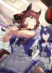 Rule 34 | 2girls, absurdres, anger vein, animal ears, banpunsik, black ribbon, blue bow, blue hair, bow, braid, braided hair rings, cheval grand (umamusume), clenched hand, display case, doll, gentildonna (umamusume), hair between eyes, hair ribbon, hair rings, highres, horse ears, horse girl, horse tail, long hair, mole, mole under eye, multicolored clothes, multicolored skirt, multiple girls, muscular, muscular female, no pupils, open mouth, pleated skirt, puffy short sleeves, puffy sleeves, punching, punching bag, purple serafuku, purple shirt, purple skirt, ribbon, scared, school uniform, serafuku, shaded face, shirt, short sleeves, skirt, stuffed toy, sweat, tail, thighhighs, tracen school uniform, turn pale, umamusume, veins, verxina (umamusume), vivlos (umamusume), wavy hair, white shirt, white skirt