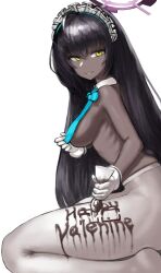Rule 34 | 1girl, black hair, blue archive, blue bow, blue bowtie, bow, bowtie, chocolate, dark-skinned female, dark skin, detached collar, halo, highres, karin (blue archive), long hair, looking at viewer, pantyhose, penchamu!, simple background, sitting, solo, white background, white pantyhose, yellow eyes