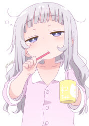 Rule 34 | 1girl, blue eyes, blush, brushing teeth, collarbone, commentary request, cup, flat chest, grey hair, highres, holding, holding cup, holding toothbrush, long hair, long sleeves, original, pajamas, pink pajamas, pink shirt, samansa ex, shirt, solo, tabasa (samansa ex), toothbrush, toothbrush in mouth, upper body, white background