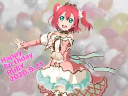 Rule 34 | 1girl, aqua bow, aqua eyes, aqua skirt, artist name, artist request, back bow, bare shoulders, blush, bow, brown bow, collarbone, detached collar, dress, female focus, frilled dress, frills, green eyes, hair between eyes, hair bow, highres, kurosawa ruby, long sleeves, love live!, love live! school idol festival, love live! sunshine!!, outstretched arms, pink dress, pointing, pointing at viewer, puffy short sleeves, puffy sleeves, red hair, short hair, short sleeves, siro0neko, skirt, solo, twintails, two side up, white skirt