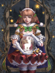 Rule 34 | 1girl, absurdres, animal ears, antlers, bow, bowtie, breasts, brown hair, cape, cat ears, copyright request, deer, dress, frilled dress, frills, fur-trimmed cape, fur-trimmed headwear, fur trim, glass, gloves, green bow, green bowtie, green cape, gzi (shiba-ko), hat, highres, holding, horns, indoors, large breasts, looking at viewer, mistletoe, purple cape, red dress, red hat, santa hat, short hair, short sleeves, smile, solo, star (symbol), thighhighs, tree, two-sided cape, two-sided fabric, white gloves, window, zettai ryouiki