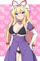 Rule 34 | 1girl, adapted costume, black bra, black panties, blonde hair, blush, bra, breasts, cleavage, closed mouth, collarbone, cowboy shot, dress, elbow gloves, frilled dress, frills, gloves, hat, hat ribbon, highres, large breasts, long hair, looking at viewer, mob cap, panties, purple dress, purple eyes, red ribbon, revealing clothes, ribbon, rizento, short sleeves, solo, touhou, underwear, white gloves, white headwear, yakumo yukari