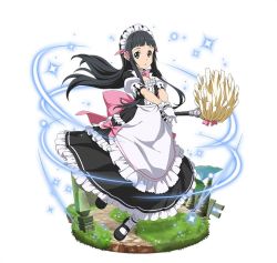 Rule 34 | 1girl, apron, black dress, black eyes, black footwear, black hair, bow, dress, floating hair, frilled dress, frills, full body, gloves, hair ribbon, holding, layered dress, long hair, looking at viewer, maid headdress, parted lips, pink bow, pink ribbon, ribbon, shoes, short sleeves, simple background, solo, sword art online, very long hair, white apron, white background, white gloves, white legwear, yui (sao)