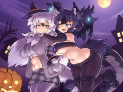 Rule 34 | 2girls, animal ear fluff, animal ears, aqua eyes, arctic wolf (kemono friends), arm at side, arms around neck, arms up, bare shoulders, belly, big hair, black hair, bow, breasts, cerberus (kemono friends), closed mouth, crop top, curvy, cutoffs, dog ears, ear ornament, elbow gloves, extra ears, fang, fang out, fingerless gloves, foot up, full moon, fur scarf, gloves, glowing, glowing hair, hair between eyes, halloween, hand up, hat, highres, holding, hug, hug from behind, huge breasts, jack-o&#039;-lantern, jacket, kemono friends, leaning forward, pantyhose under shorts, lizard tail, long hair, long sleeves, looking at another, lowleg, lowleg shorts, midriff, mini hat, mini witch hat, miniskirt, mo23, moon, multicolored hair, multiple girls, navel, night, night sky, one eye closed, open clothes, open jacket, open mouth, outdoors, pantyhose, pantyhose under shorts, plaid, plaid skirt, pumpkin, purple hair, purple sky, scar, scar across eye, scar on face, scarf, shoes, short shorts, shorts, skin fang, skindentation, skirt, sky, smile, snowman, standing, standing on one leg, stomach, strapless, tail, thighs, tube top, two side up, very long hair, white hair, witch hat, wolf ears, wolf girl, wolf tail, yellow eyes