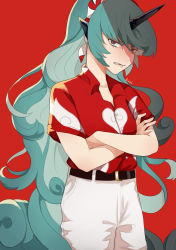 Rule 34 | 1girl, cowboy shot, crossed arms, green eyes, green hair, grimace, highres, horns, komano aunn, long hair, looking at viewer, pants, parted lips, red background, simple background, single horn, solo, touhou, uchisaki himari, very long hair