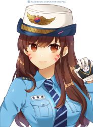 Rule 34 | &gt;:), &gt;:3, 1girl, :3, animal print, blue necktie, blue shirt, breast pocket, breasts, brown eyes, brown hair, buttons, closed mouth, collared shirt, commentary, d.va (overwatch), epaulettes, eyelashes, facebook username, facepaint, facial mark, female service cap, glint, gloves, hand up, hat, highres, kaoruru (sakuno2911), lips, long hair, long sleeves, looking at viewer, medium breasts, necktie, nose, officer d.va, official alternate costume, overwatch, overwatch 1, pink lips, pocket, rabbit print, shirt, smile, smirk, smug, solo, striped necktie, striped neckwear, upper body, v-shaped eyebrows, watermark, web address, whisker markings, white background, white gloves, wing collar