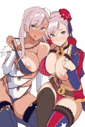 Rule 34 | 2girls, :p, belt, blush, bra, bra pull, breasts, bun cover, cleavage, clothes pull, dual persona, fate/grand order, fate (series), hair ribbon, highres, large breasts, miyamoto musashi (fate), miyamoto musashi (fate/grand order), miyamoto musashi (swimsuit berserker) (fate), miyamoto musashi (swimsuit berserker) (second ascension) (fate), miyamoto musashi (swimsuit berserker) (third ascension) (fate), multiple girls, nipples, one breast out, pink hair, purple eyes, ribbon, simple background, tan, tanline, thighhighs, tokiwa midori (kyokutou funamushi), tongue, tongue out, underwear, white background