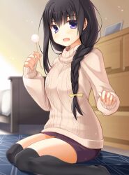Rule 34 | 1girl, black hair, black thighhighs, blush, bow, braid, breasts, commentary request, eyelashes, feet out of frame, fingernails, hair between eyes, hair bow, hair over shoulder, hand up, highres, holding mimikaki, indoors, legs, long hair, looking at viewer, medium breasts, mimikaki, nijouin hazuki, no nose, open mouth, pencil skirt, purple eyes, purple skirt, reaching, reaching towards viewer, riddle joker, sidelighting, sidelocks, single braid, sitting, skirt, sleeves past wrists, smile, solo, sparkle, straight hair, sweater, tatsuya (trypaint), thighhighs, thighs, very long hair, wariza, yellow bow, yellow sweater, zettai ryouiki