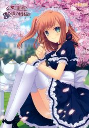 Rule 34 | 1girl, absurdres, blue eyes, bluette nicolette planquette, brown hair, copyright name, day, from side, green eyes, highres, huge filesize, legs together, looking at viewer, maid, maid headdress, nishimata aoi, one side up, otome riron to sono shuuhen: ecole de paris, outdoors, smile, solo, thighhighs, tree, white thighhighs, wrist cuffs