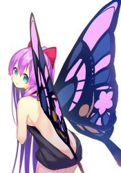 Rule 34 | 1girl, aqua eyes, ass, backless dress, backless outfit, bare back, bow, breasts, butt crack, butterfly wings, cowboy shot, dress, hair between eyes, hair bow, insect wings, leaning forward, long hair, looking at viewer, looking back, medium breasts, meme attire, naked sweater, nyori, original, parted lips, pink bow, ponytail, purple hair, sideboob, simple background, solo, sweater, sweater dress, very long hair, virgin killer sweater, white background, wings