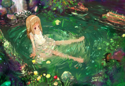 Rule 34 | 1girl, arm support, barefoot, blonde hair, camisole, child, feet, flat chest, flower, hairband, headdress, highres, kusaka souji, long hair, nature, no bra, original, outdoors, partially submerged, plant, red eyes, scenery, sitting, solo, spread legs, water, waterfall, wet