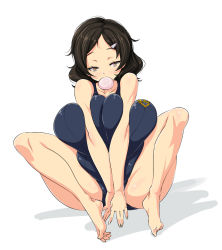 Rule 34 | 1girl, bare shoulders, barefoot, black hair, breast press, breasts, brown eyes, blowing bubbles, chewing gum, deep skin, feet, female focus, full body, hair ornament, hairclip, huge breasts, knees up, legs, looking at viewer, nekomamire, original, plump, raised eyebrow, shadow, short hair, simple background, sitting, solo, spread legs, swimsuit, thick thighs, thighs, v arms, white background