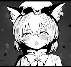 Rule 34 | 1girl, animal ear fluff, animal ears, ascot, blush, cat ears, chen, greyscale, hat, letterboxed, looking at viewer, mizuga, mob cap, monochrome, open mouth, solo, star (symbol), touhou