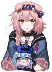 Rule 34 | 1boy, 1girl, animal ears, arknights, beret, blue hair, blue headwear, blue jacket, blue sealad, blush, braid, cat ears, commentary, cropped torso, flying sweatdrops, goldenglow (arknights), hair between eyes, hair over shoulder, hairband, hat, jacket, lightning bolt print, long hair, looking at viewer, mizuki (arknights), open clothes, open jacket, parted lips, pink hair, print hairband, purple hairband, red eyes, shirt, simple background, single braid, upper body, white background, white shirt, yellow eyes