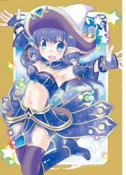 Rule 34 | 1girl, arcane master (ragnarok masters), bandeau, blue bandeau, blue eyes, blue footwear, blue gloves, blue hair, blue skirt, blue sleeves, blush, boots, breasts, brown thighhighs, cleavage, commentary request, detached sleeves, fingerless gloves, full body, gloves, hair between eyes, hat, jumping, long hair, looking at viewer, medium breasts, midriff, navel, okosama lunch (sendan), open mouth, pleated skirt, pointy ears, ragnarok masters, ragnarok online, skirt, smile, solo, star (symbol), thighhighs, white hat, witch hat