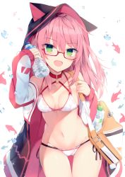 Rule 34 | 1girl, :d, absurdres, animal ears, animal hood, bag, bare shoulders, bikini, blush, bottle, breasts, breasts apart, cameltoe, cat hood, collarbone, cowboy shot, fake animal ears, fang, fish, glasses, glint, gluteal fold, green eyes, groin, halterneck, halterneck, hand up, highres, holding, holding bottle, hood, hooded jacket, jacket, long hair, long sleeves, looking at viewer, medium breasts, navel, nibiiro shizuka, off shoulder, open clothes, open jacket, open mouth, original, pink hair, red-framed eyewear, scan, semi-rimless eyewear, shoulder bag, side-tie bikini bottom, silhouette, smile, solo, sparkle, standing, stomach, swimsuit, thigh gap, thighs, under-rim eyewear, water, water bottle, water drop, wet, wet clothes, wet swimsuit, white background, white bikini