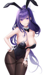Rule 34 | 1girl, alternate costume, animal ears, bare shoulders, black leotard, bow, bowtie, breasts, cleavage, closed mouth, covered navel, detached collar, fake animal ears, genshin impact, hand on own hip, highres, large breasts, leaning forward, leotard, looking at viewer, melt (melt out1), pantyhose, playboy bunny, purple eyes, purple hair, rabbit ears, raiden shogun, shiny clothes, simple background, smile, strapless, strapless leotard, thigh gap, thighband pantyhose, traditional bowtie, white background, wrist cuffs