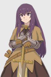 Rule 34 | 1girl, brown capelet, brown dress, brown gloves, capelet, chest guard, closed mouth, commentary request, cowboy shot, dress, expressionless, gauntlets, gloves, grey background, hair between eyes, holding, holding sword, holding weapon, long hair, looking at viewer, purple eyes, purple hair, ragnarok online, scabbard, sheath, simple background, solo, split mouth, sword, swordsman (ragnarok online), tab (tabkun), weapon, white background