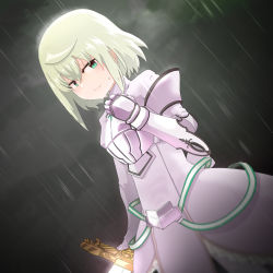 Rule 34 | 1girl, absurdres, armor, blonde hair, breastplate, green eyes, highres, jeanne d&#039;arc (madoka magica), looking to the side, magical girl, mahou shoujo madoka magica, mahou shoujo tart magica, pauldrons, rain, short hair, shoulder armor, solo, sonohi210, soul gem