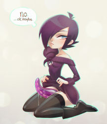 Rule 34 | 1girl, ahoge, bare shoulders, black thighhighs, blue eyes, boots, borrowed character, clothes lift, dress, drill hair, english text, hair over one eye, long hair, off-shoulder, off-shoulder sweater, off shoulder, original, phallic symbol, purple hair, sitting, slime (substance), solo, speech bubble, sweater, sweater dress, sweater lift, tentacles, thighhighs, translated, wariza, x villain, zone-tan