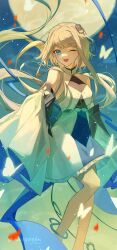 Rule 34 | 1girl, absurdres, artist name, bare shoulders, blonde hair, blue background, blue dress, blue eyes, blush, breasts, bug, butterfly, butterfly wings, collarbone, detached sleeves, dress, flying, frills, genshin impact, gradient background, green background, guizhong (genshin impact), hair ornament, highres, insect, insect wings, long sleeves, looking at viewer, medium breasts, moon, multicolored background, one eye closed, open mouth, short hair, short hair with long locks, sidelocks, smile, solo, standing, suzushi, tassel, tassel hair ornament, tongue, two-tone dress, white dress, wide sleeves, wings