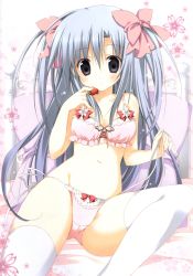 Rule 34 | 1girl, absurdres, blush, bow, bow panties, bra, breasts, cameltoe, cleavage, collarbone, female focus, flower, food, fruit, grey hair, groin, hair ribbon, highres, holding, korie riko, lingerie, long hair, looking at viewer, navel, panties, pillow, pink bra, pink panties, purple eyes, ribbon, side-tie panties, simple background, sitting, solo, spread legs, strawberry, tareme, thighhighs, thighs, twintails, two side up, underwear, underwear only, very long hair, white background, white thighhighs