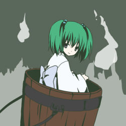 Rule 34 | 1girl, bow, bucket, female focus, green hair, grey eyes, hair bobbles, hair ornament, hazuki (starblue), in bucket, in container, kisume, long sleeves, short hair, smile, solo, touhou, twintails, wide sleeves
