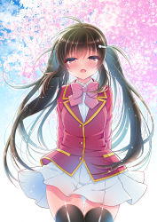 Rule 34 | 1girl, ahoge, arms behind back, black thighhighs, blazer, blush, bow, bowtie, breasts, brown hair, cherry blossoms, cloud, cloudy sky, collared shirt, commentary request, fang, floating hair, hair between eyes, hair ornament, hairclip, hano haruka, highres, jacket, looking at viewer, open mouth, original, pink bow, pink bowtie, red eyes, red jacket, shirt, sidelocks, skin fang, skirt, sky, small breasts, solo, thighhighs, twintails, white shirt, white skirt, zettai ryouiki