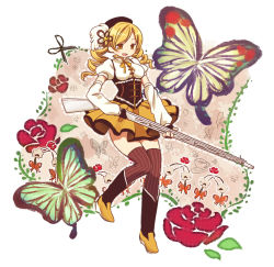 Rule 34 | 10s, anthony (madoka magica), beret, blonde hair, bug, butterfly, drill hair, fingerless gloves, gloves, hair ornament, hat, hat ornament, insect, magical girl, mahou shoujo madoka magica, mahou shoujo madoka magica (anime), pentagon (uzus), puffy sleeves, scissors, solo, striped clothes, striped thighhighs, thighhighs, tomoe mami, vertical-striped clothes, vertical-striped thighhighs, yellow eyes