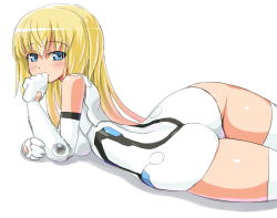 Rule 34 | 10s, 1girl, arnval, ass, bad id, bad pixiv id, bare shoulders, blonde hair, blue eyes, blush, bodysuit, breasts, busou shinki, clenched hand, cowboy shot, dd (ijigendd), doll joints, gloves, gradient hair, hand to own mouth, joints, large breasts, leotard, light smile, long hair, looking at viewer, looking back, lying, multicolored hair, olbern, on stomach, orange hair, shadow, simple background, sketch, solo, thighhighs, thighs, very long hair, white background, white gloves, white thighhighs