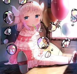 Rule 34 | 10s, 1girl, beads, blue eyes, blunt bangs, capelet, dragon girl, dragon horns, dress, full body, hair beads, hair ornament, hairband, highres, horns, idemitsu, indoors, kanna kamui, kobayashi-san chi no maidragon, long hair, looking at viewer, monster girl, mouth hold, red footwear, shoes, silver hair, sitting, solo, thick thighs, thighhighs, thighs, twintails, white thighhighs