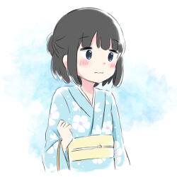 Rule 34 | 1girl, :|, arm at side, azchipi, bag, black hair, blue background, blue eyes, blue kimono, blunt bangs, blush, bob cut, closed mouth, commentary, flat chest, floral print, hand up, highres, holding, holding bag, japanese clothes, kimono, long sleeves, looking ahead, nervous, obi, obijime, original, print kimono, raised eyebrows, sash, short hair, short ponytail, solo, standing, upper body, wavy mouth, white background, wide sleeves, yellow sash, yukata