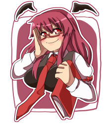 Rule 34 | &gt;:), arm behind head, armband, bat wings, bespectacled, black skirt, black vest, blush, border, breasts, collared shirt, cropped torso, detached wings, doyagao, glasses, hair between eyes, head wings, juliet sleeves, koakuma, long hair, long sleeves, looking at viewer, medium breasts, necktie, one-hour drawing challenge, open mouth, outline, puffy sleeves, red-framed eyewear, red background, red eyes, red hair, red necktie, renshirenji, semi-rimless eyewear, shirt, sidelocks, simple background, skirt, skirt set, smile, smug, touhou, upper body, v-shaped eyebrows, very long hair, vest, white border, white outline, white shirt, wings