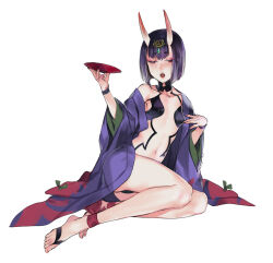 Rule 34 | 1girl, collarbone, cup, drunk, fate (series), feet, hair ornament, half-closed eyes, holding, holding cup, horns, japanese clothes, k29, kimono, legs, long sleeves, navel, no shoes, off shoulder, oni, open clothes, open kimono, open mouth, purple hair, purple kimono, revealing clothes, sakazuki, short eyebrows, short hair, shuten douji (fate), simple background, single bare shoulder, sitting, skin-covered horns, solo, teeth, toes, white background, wide sleeves, yokozuwari