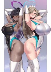 Rule 34 | 2girls, :o, alternate costume, armpits, arms up, ass-to-ass, asuna (blue archive), black hair, black one-piece swimsuit, blue archive, blue eyes, blue halo, breast press, breasts, choker, competition swimsuit, dark-skinned female, dark skin, elbow gloves, gloves, hair over one eye, half-closed eyes, halo, highres, huge breasts, karin (blue archive), large breasts, light brown hair, long hair, looking at viewer, maid headdress, mole, multiple girls, one-piece swimsuit, ponytail, presenting armpit, purple halo, sideboob, simple background, sinkai, slit pupils, smile, swimsuit, symmetrical docking, thighhighs, white gloves, white one-piece swimsuit, white thighhighs, yellow eyes
